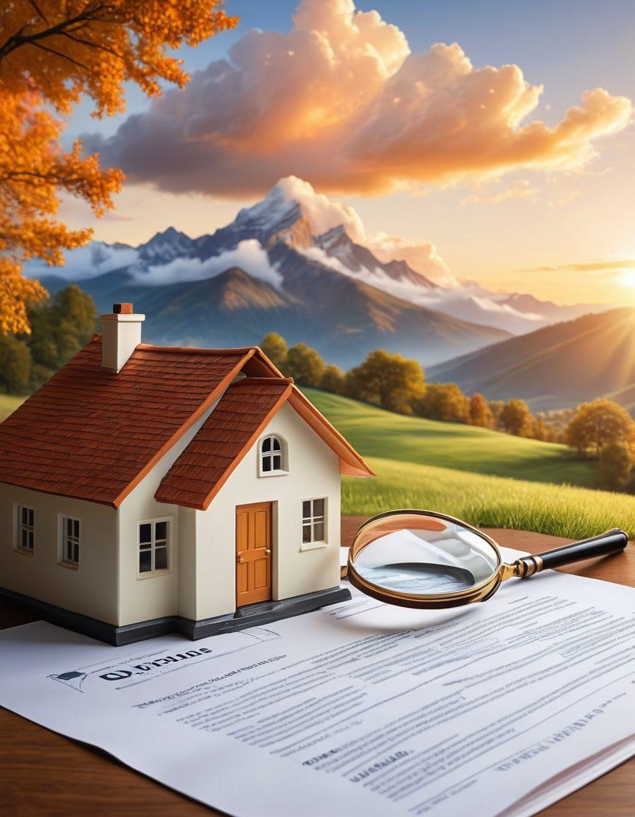 A thoughtful individual holding a magnifying glass, carefully examining various insurance policy documents scattered around them with icons representing financial security, such as a piggy bank, a shield, and a house. In the background, a serene landscape symbolizes peace of mind with soft clouds and a gentle sun. The color palette should be calming and professional. super-realistic. warm colors. tranquil background.