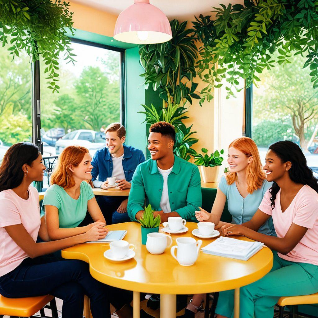 A warm and inviting illustration of a diverse group of people sitting together at a cozy café, discussing love and insurance solutions, featuring heart-shaped icons and insurance symbols floating around them. Include soft pastel colors and a friendly atmosphere with plants in the background. super-realistic. vibrant colors. soft focus.
