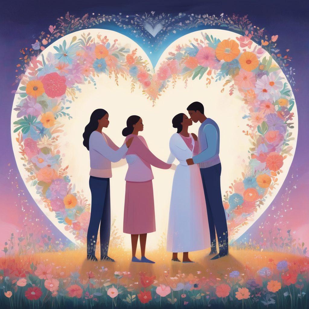 A warm and inviting scene depicting a diverse group of people embracing under a giant protective heart, symbolizing love and security. Soft pastel colors dominate the background, with delicate flowers intertwining around the heart. In the foreground, a glowing shield bearing the words 'Love Insurance' reflects inclusivity and support. The scene radiates warmth and trust, encouraging viewers to feel safe and protected. dreamy illustration. soft pastel colors. whimsical style.